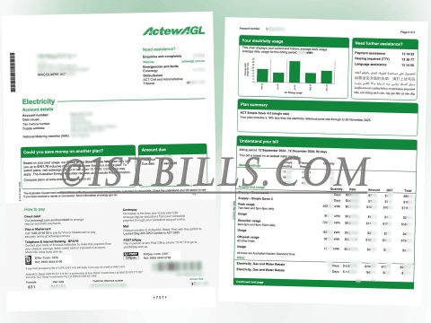 澳大利亚 Actewagl 电费费账单 水电燃气账单 澳洲地址证明  Australian Actewagl electricity bill, water and gas bill, Australian address proof.