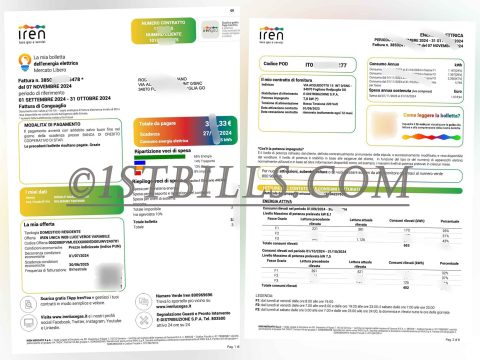 意大利水电费账单 iren lucegas 电费账单 地址证明 Italian utility bill (Iren Lucegas electricity bill), address proof.