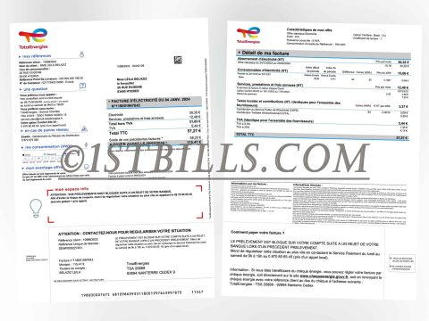 法国 TotalEnergies电费账单 地址证明 法语 France TotalEnergies Electricity Bill Proof of Address PDF