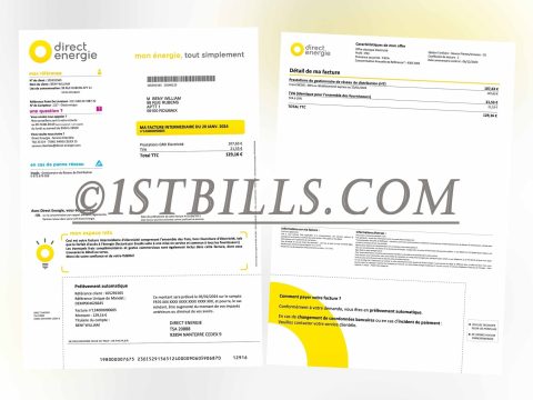 法国 地址证明 Direct Energi电费账单 地址证明 法语水电费账单 French address proof: Direct Energie electricity bill, address verification, French utility bill.