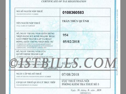 越南公司税务登记证PS/PSD模板 Vietnam Certificate of Tax Registation PS/PSD