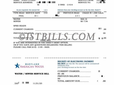 USA American Water Utility Bills 美国 马里兰州American Water 水费账单 KYC地址证明PDF